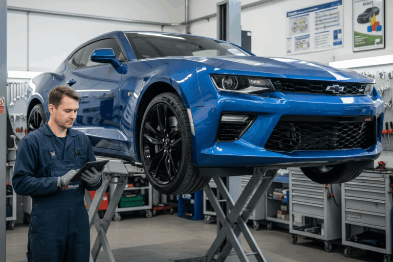 Blue Chevrolet Camaro elevated on a hydraulic lift during a pre‑TÜV inspection in a German workshop. A technician with a tablet performs diagnostics.