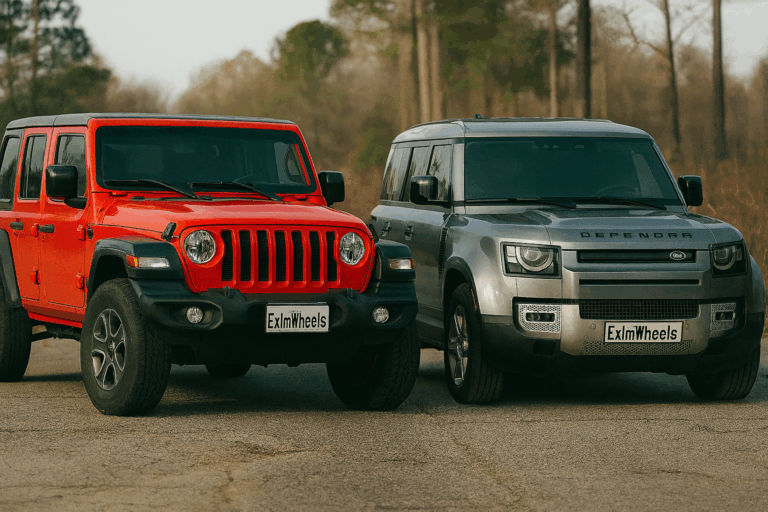 Red Jeep Wrangler JL and silver Land Rover Defender with ExImWheels license plates parked side by side on a road in Germany, illustrating imported 4×4 vehicles ready for TÜV inspection.