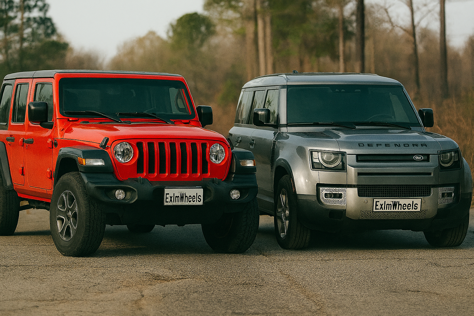 Red Jeep Wrangler JL and silver Land Rover Defender with ExImWheels license plates parked side by side on a road in Germany, illustrating imported 4×4 vehicles ready for TÜV inspection.