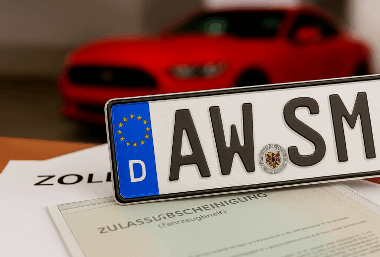 German car license plate on top of Zoll customs form and TÜV certificate, with a blurred American muscle car in the background.