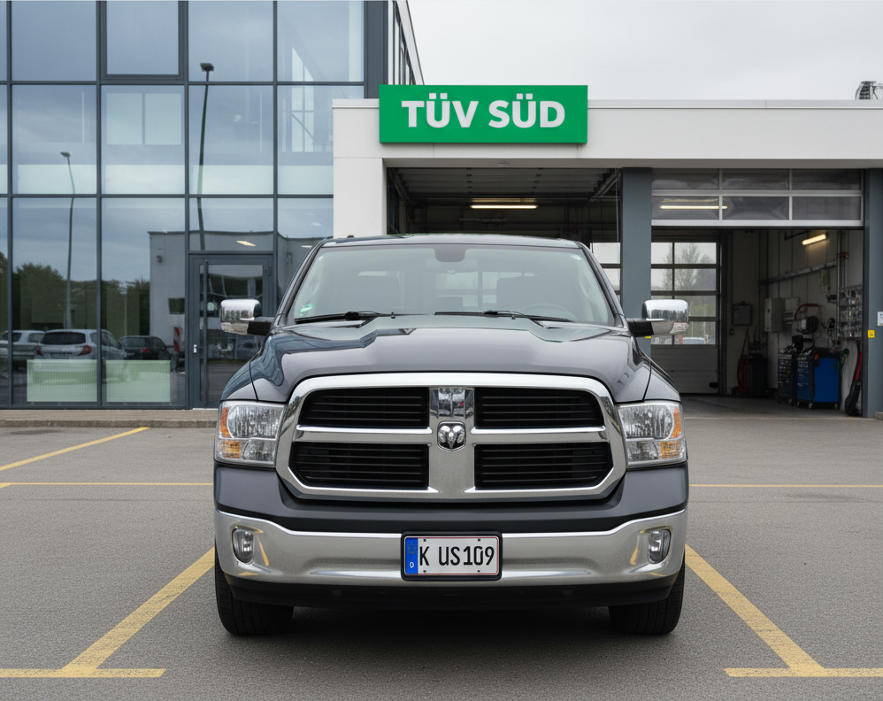 Black Dodge RAM pickup truck parked in front of a TÜV SÜD inspection station in Germany, showing successful registration of a US import vehicle with German license plates.