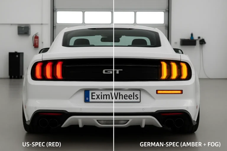 Rear view of a white Ford Mustang showing US-spec red indicators on one side and German-spec amber indicators with fog light on the other, with EximWheels license plate.