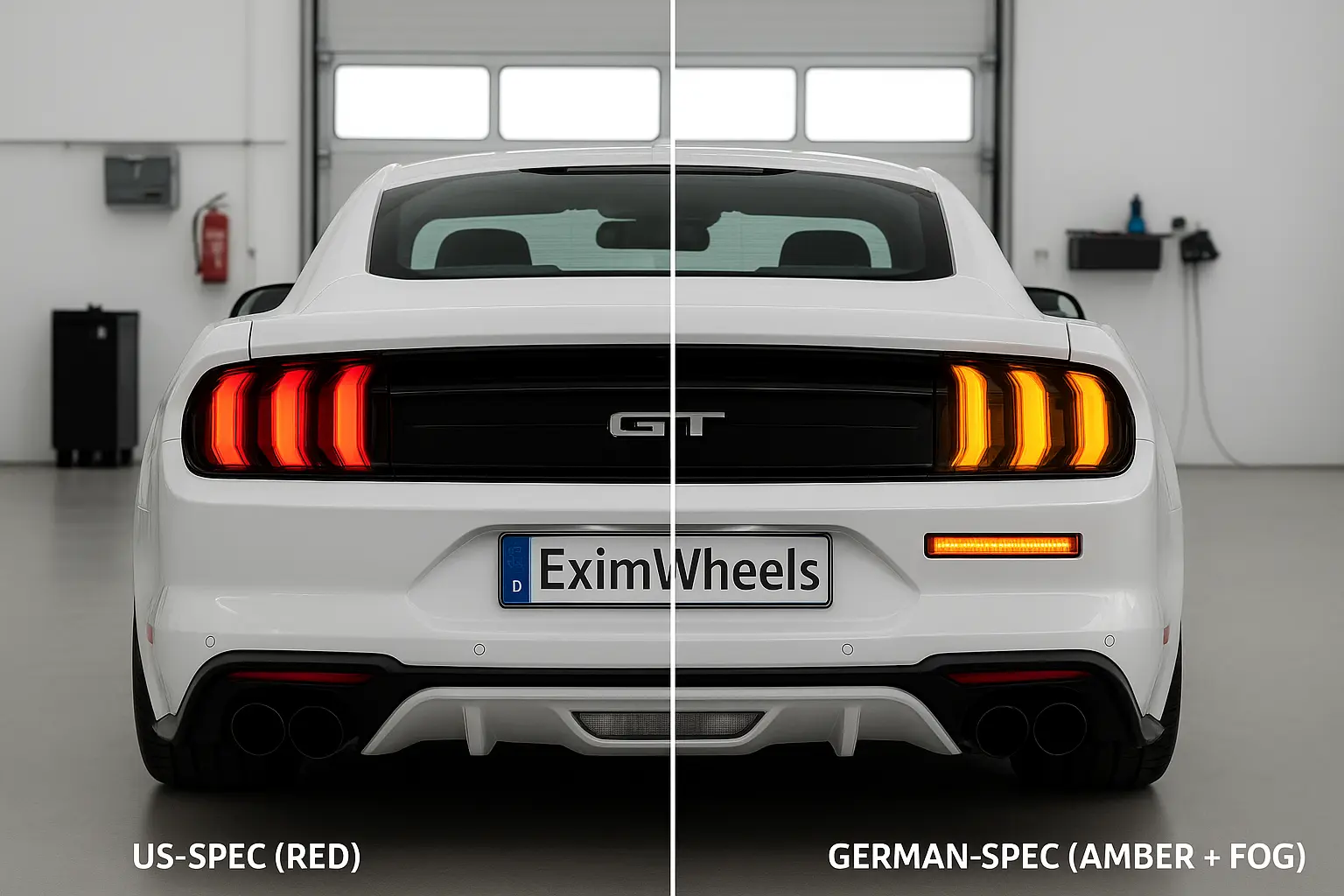 Rear view of a white Ford Mustang showing US-spec red indicators on one side and German-spec amber indicators with fog light on the other, with EximWheels license plate.