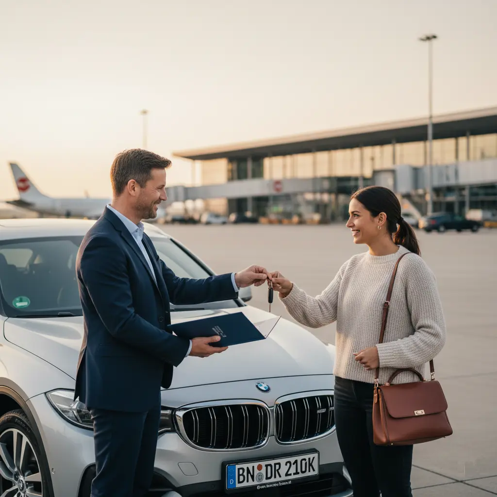 Expat receiving car keys at a German airport during StandBy Auto delivery service