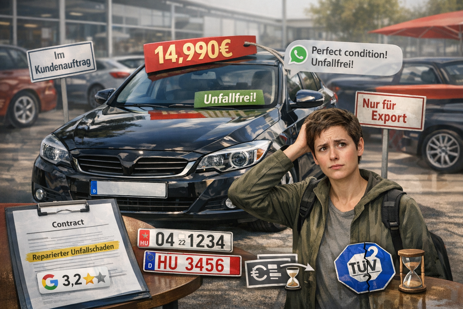 Realistic illustration of an expat standing in front of a shiny used car at a German dealership, surrounded by hidden warning signs such as “Im Kundenauftrag,” “Nur für Export,” a WhatsApp bubble saying “Perfect condition! Unfallfrei!”, a contract highlighting “Reparierter Unfallschaden,” a cracked TÜV badge, temporary export plates, and a low 3.2★ rating.
