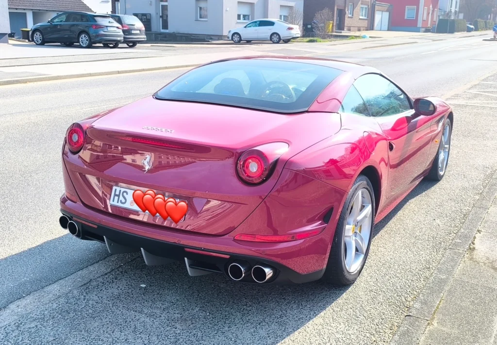 Ferrari California T avec plaques export allemandes après l’homologation §21, prête pour l’importation et l’immatriculation en France via la procédure The Germany Hack.