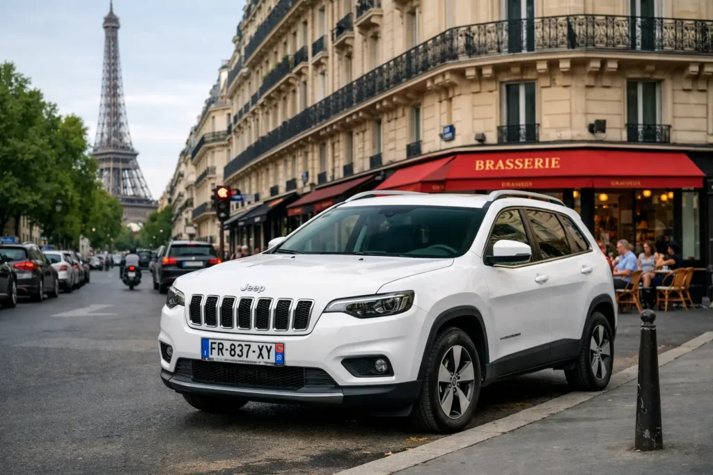 A white Jeep Cherokee with French plates parked on a Paris street with the Eiffel Tower in the background.