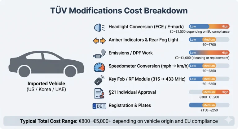 TÜV modifications cost breakdown infographic for US, Korean, and UAE imported cars in Germany.
