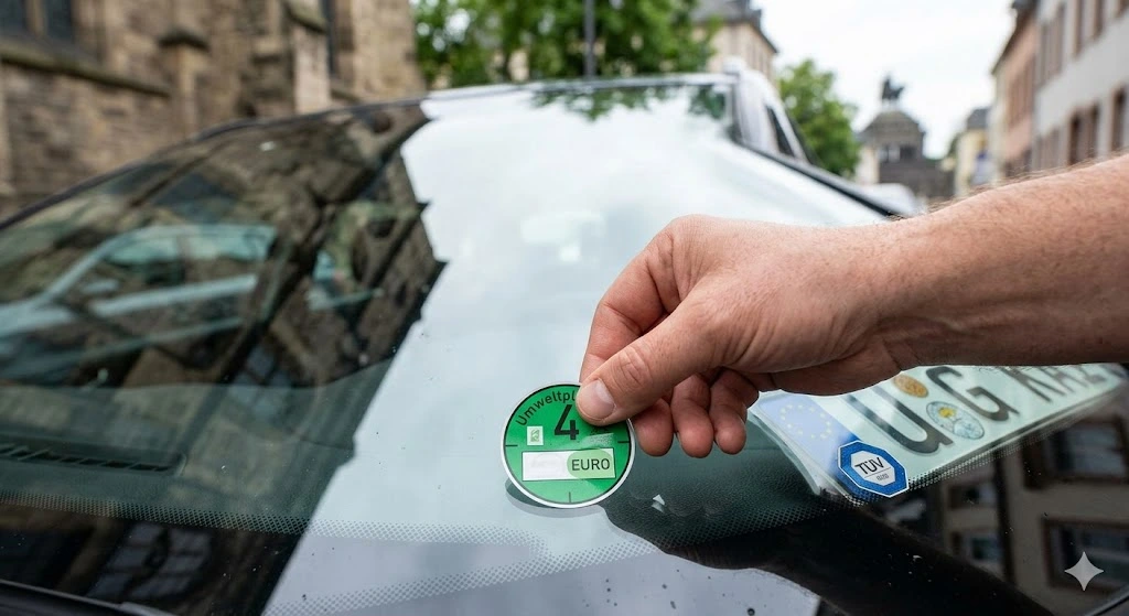 Наклеивание зеленой экологической плакетки Umweltplakette на лобовое стекло автомобиля в Кобленце, Германия