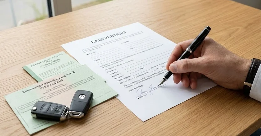 Рука, подписывающая немецкий договор купли-продажи автомобиля Kaufvertrag, рядом с документами на машину и ключом